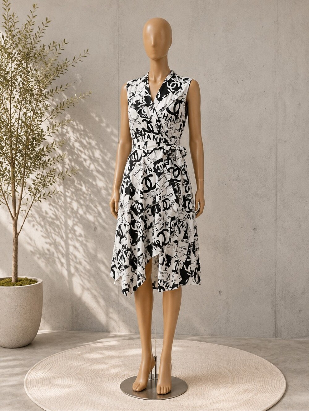 Graphic Black and White Sleeveless Wrap Dress